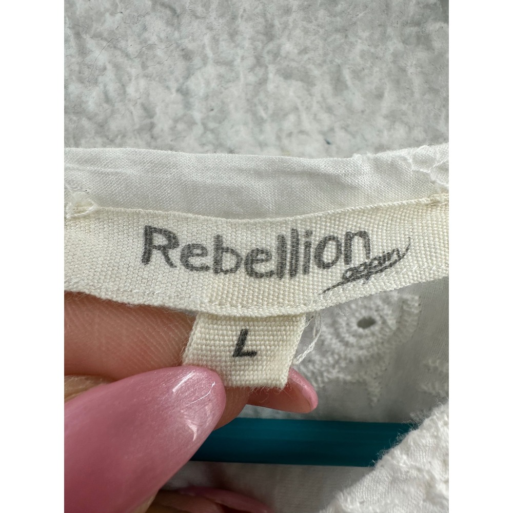 Rebellion White Eyelet Cotton Boho Peasant Blouse Long Sleeve Size L - Picture 3 of 10